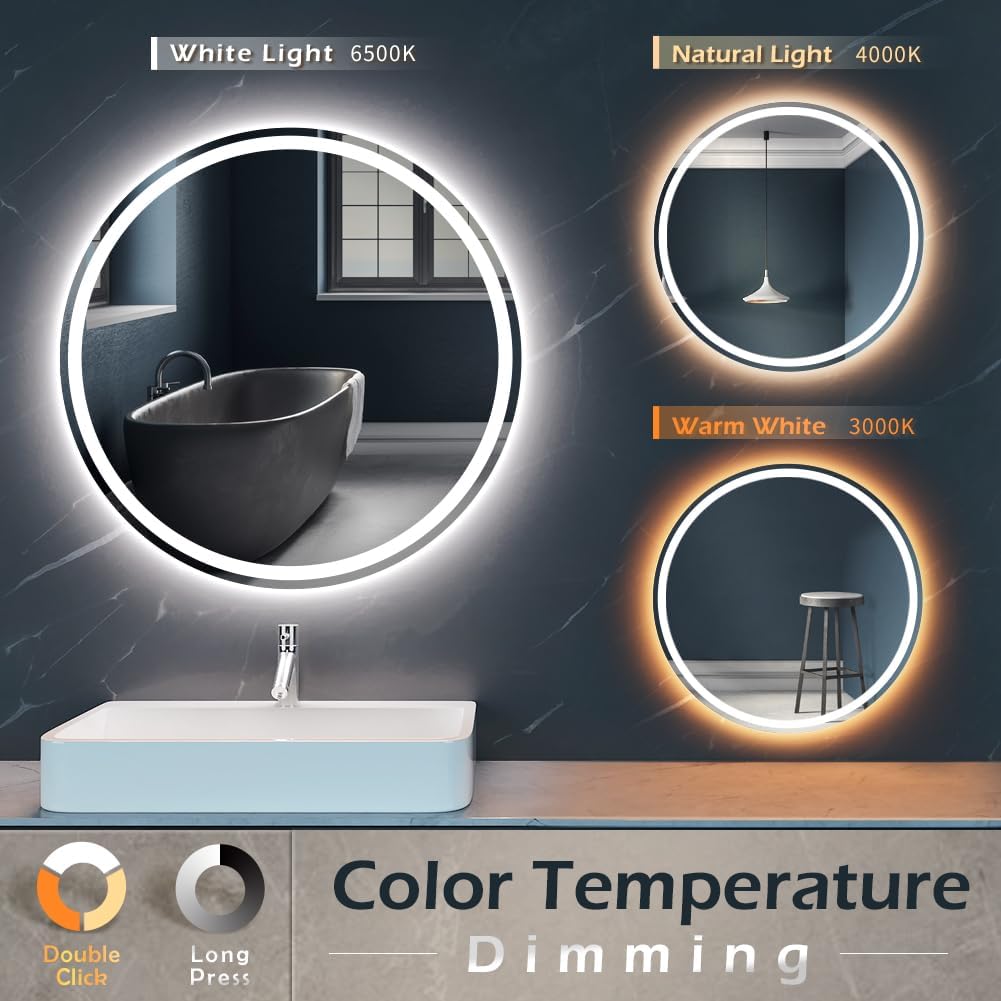 KWW 32 Inch Large Modern LED Round Bathroom Vanity Mirror, Color Temperature Adjustable, Anti-Fog Dimmable Lights, Easy to Install, Wall Mounted Makeup Mirror with Smart Touch Button