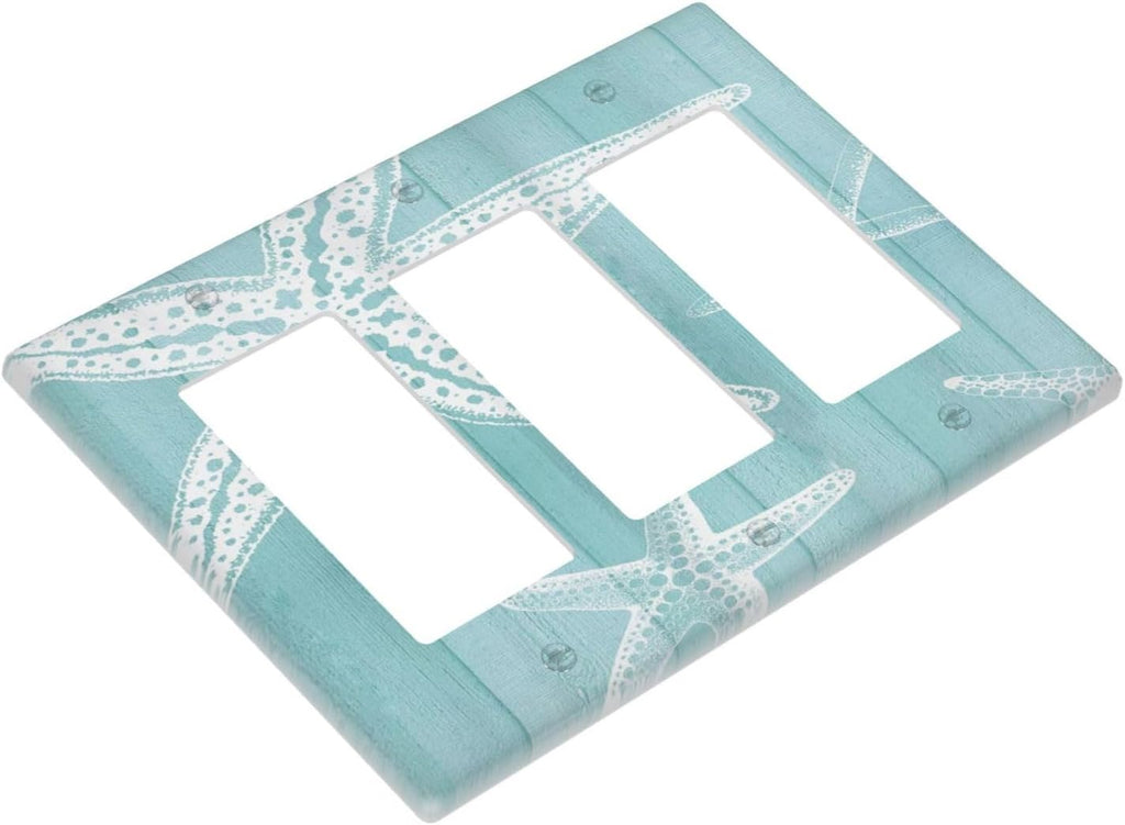 Decorative Outlet Covers Starfish Teal Wood Board Nautical 3 Gang Light Switch Cover Plate Triple Rocker Wall Plates for Electrical Outlets Switch Plate Covers for Bedroom Home Decor