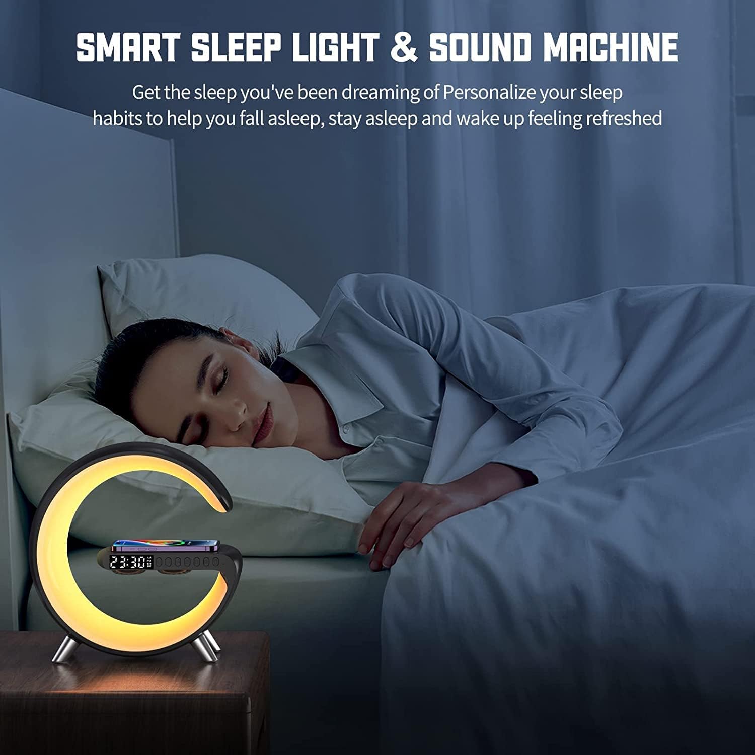 Smart LED Table Lamp, 4-in-1 Wireless Charger, Night Light, Alarm Clock, and Bluetooth Speaker with App Control for Bedroom, Office, and Home Decor (Black)