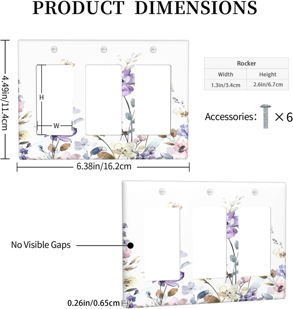 Light Switch Covers Purple Floral Lilac Watercolor Flower Leaves Butterfly Wildflower 3 Gang Rocker Electrical GFCI Decorative Triple Outlet Wall Plate Cover Switchplate for Bedroom Home