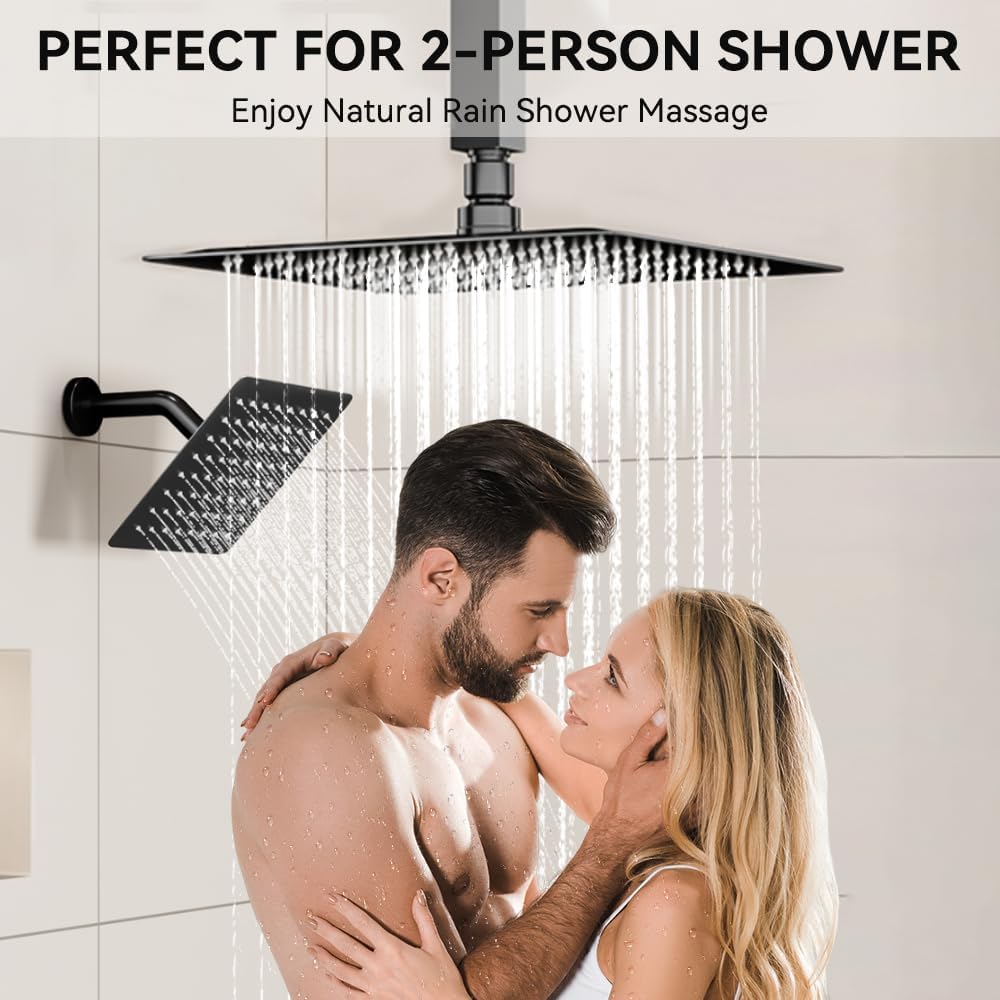 Shower Faucet Sets Shower System, 2 Head Shower System Rain Showerhead for Two People, Ceiling Mount Shower Fixtures with On Off Button Valve Body and Trim Kit Complete, 10+6" Matte Black