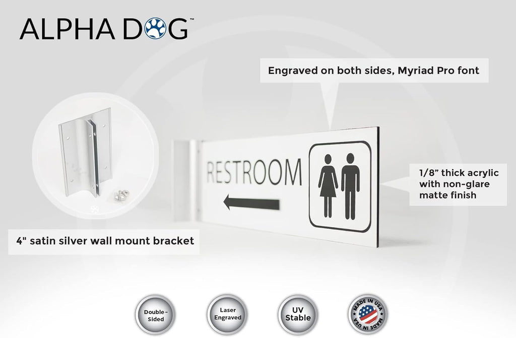 ALPHA DOG SIGNS Corridor Projecting Hallway Bathroom Sign, Left Arrow, 4"x12" Double Sided, Indoor/Outdoor, Easy Install, Durable Business Wayfinding Plaque, USA-Made (White)