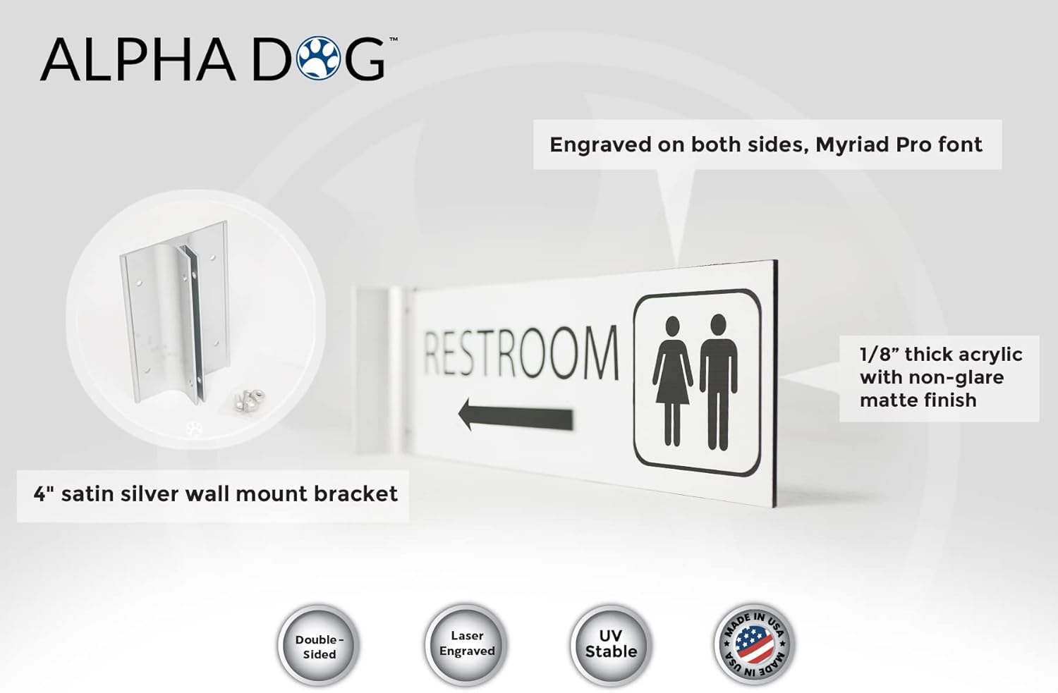 ALPHA DOG SIGNS Corridor Projecting Hallway Bathroom Sign, Left Arrow, 4"x12" Double Sided, Indoor/Outdoor, Easy Install, Durable Business Wayfinding Plaque, USA-Made (White)