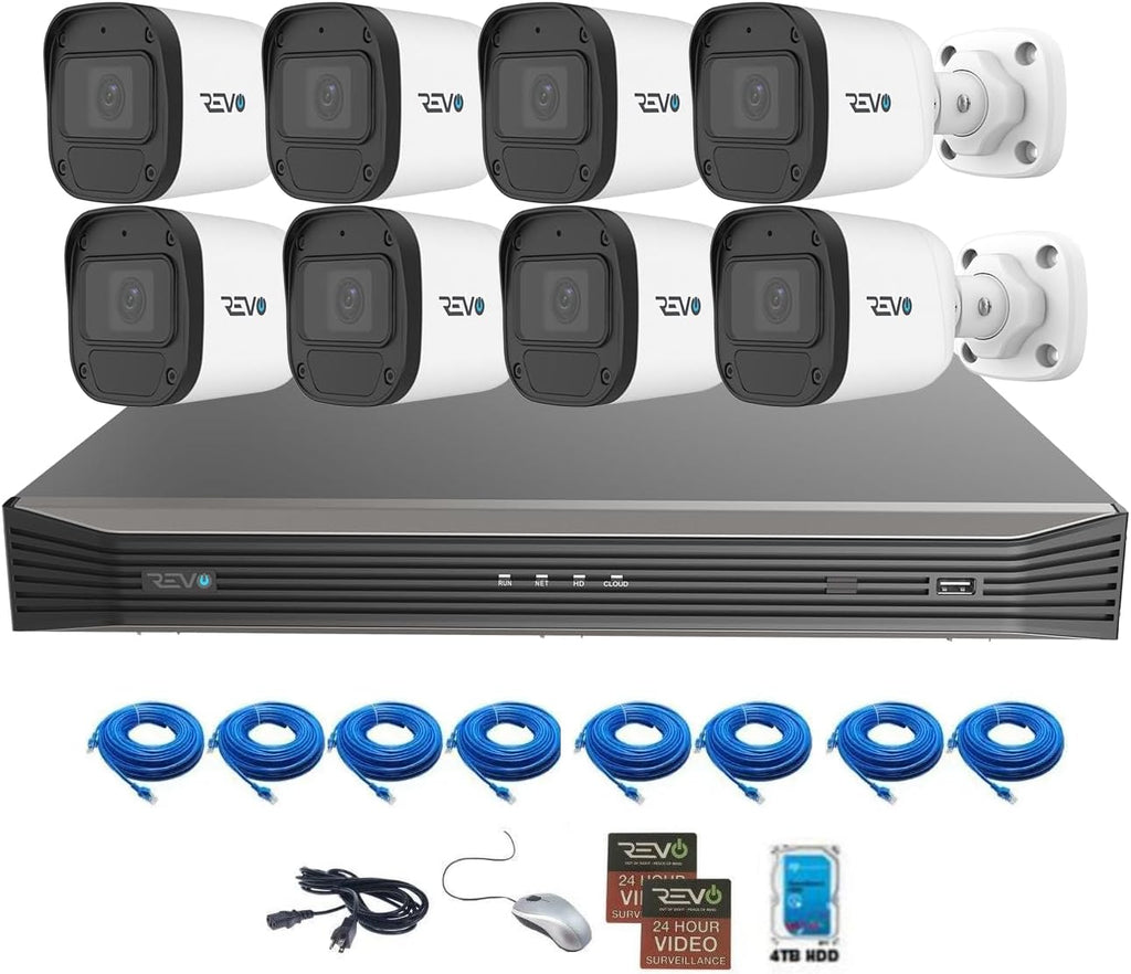 Revo Ultra Blue Series 16CH 4K POE H.265 NVR, 4TB & 8X 2K (4 Megapixel) Indoor/Outdoor IR Cameras with Built-in Mic – Remote Access Via Pc, Mac & Phone (No Monthly Fee)