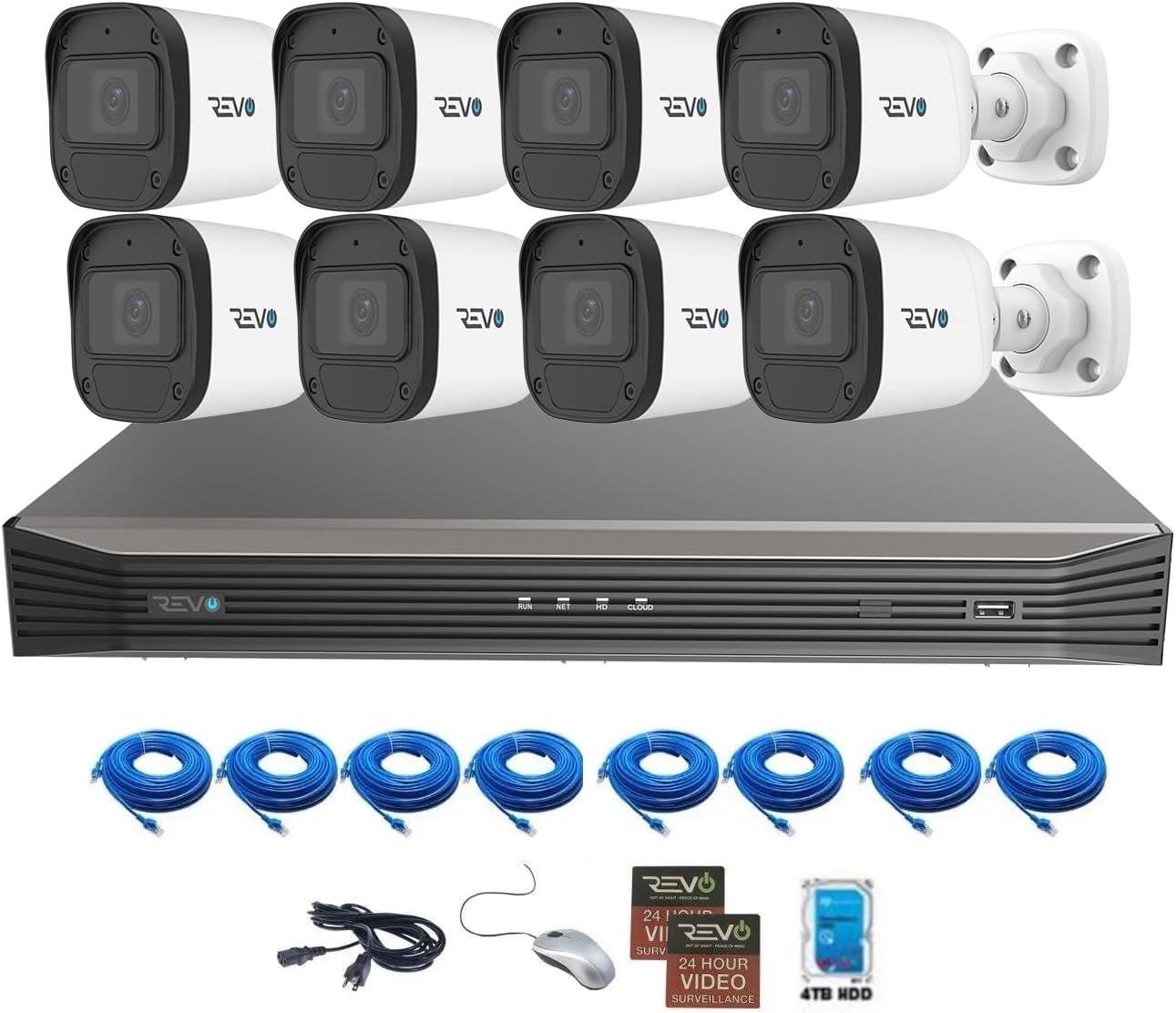 Revo Ultra Blue Series 16CH 4K POE H.265 NVR, 4TB & 8X 2K (4 Megapixel) Indoor/Outdoor IR Cameras with Built-in Mic – Remote Access Via Pc, Mac & Phone (No Monthly Fee)