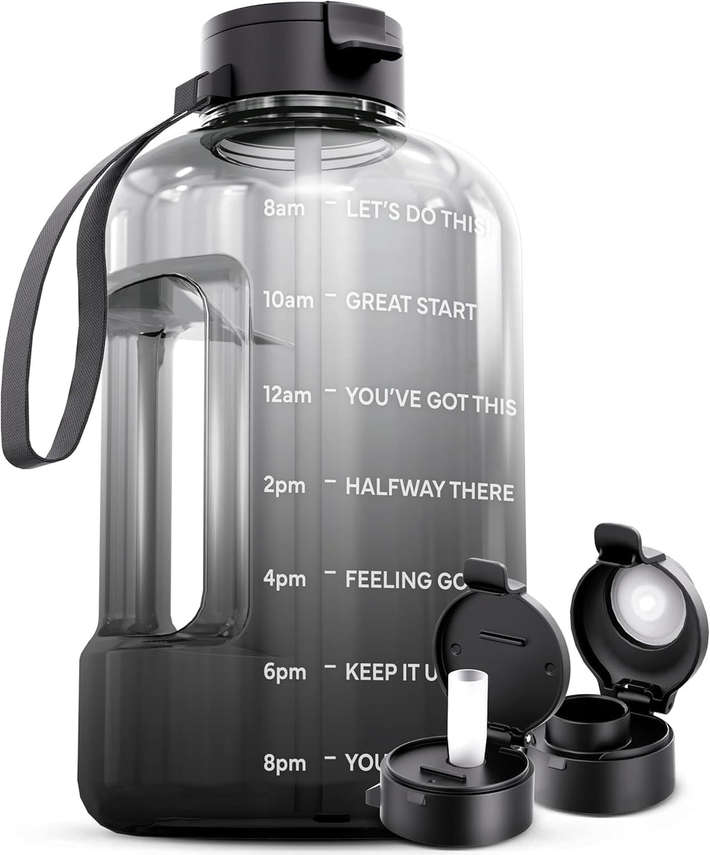 AQUAFIT 128 oz Water Bottle with Time Marker - Straw & Chug Lid - BPA Free 1 Gallon Gym Water Bottle with Handle - Big Gallon Jug (Midnight Gray, 128 Ounces)