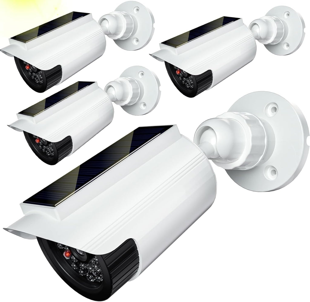 WALI Fake Dummy Camera, Solar Powered Fake Security Camera with LED Light, for Inside Outside Decoy Simulated Surveillance Security CCTV Dome Cameras with Warning Sticker (SOLTC-W4), 4 Packs, White
