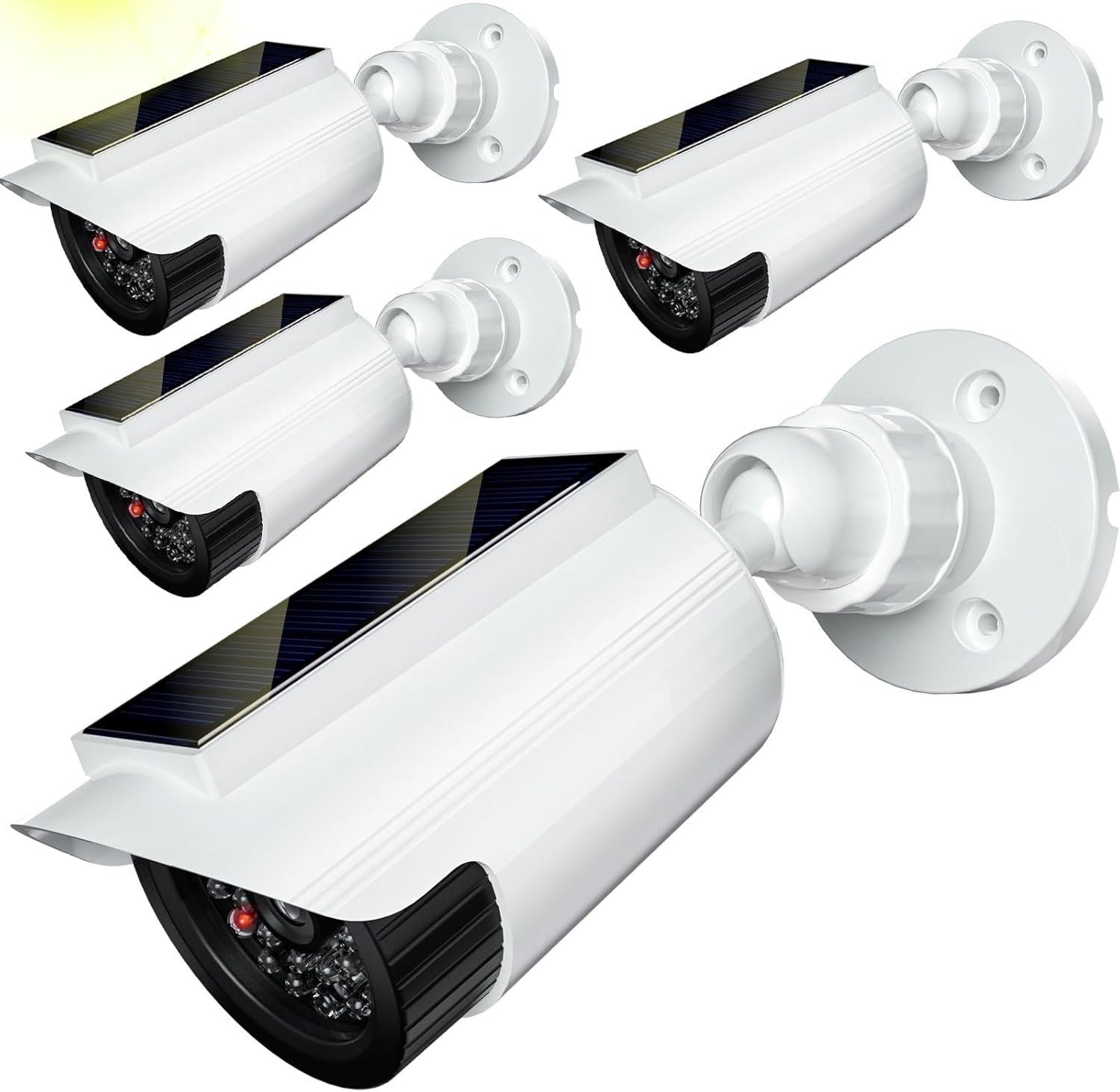 WALI Fake Dummy Camera, Solar Powered Fake Security Camera with LED Light, for Inside Outside Decoy Simulated Surveillance Security CCTV Dome Cameras with Warning Sticker (SOLTC-W4), 4 Packs, White