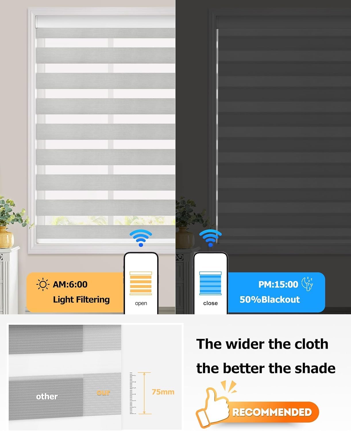 LazBlinds Motorized Zebra Roller Shades, Rechargeable Smart Blinds with Remote Control, Custom Size Light Filtering Dual Layer Roller Sheer Shades, Grey