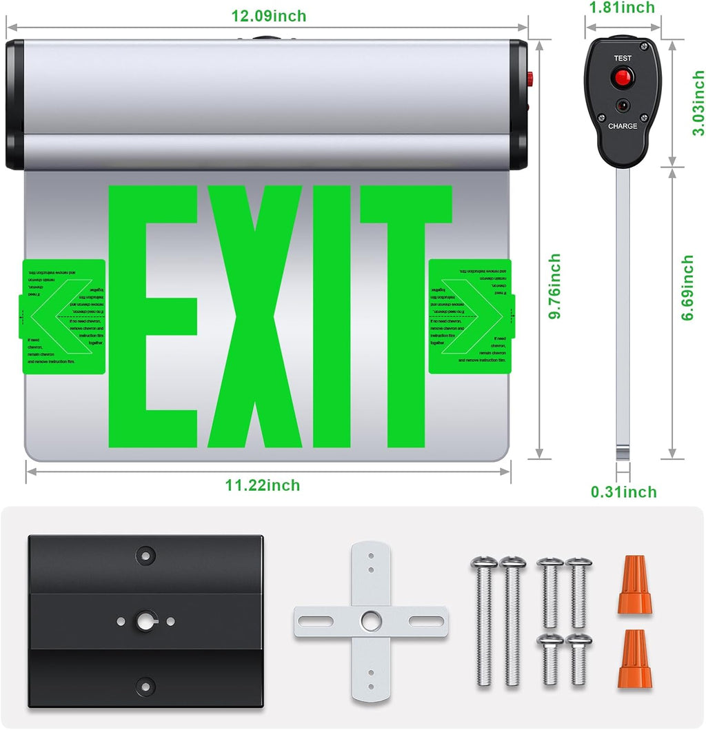 Led Edge-Lit Exit Sign ,Brushed Aluminum Housing Double-Sided Mirrored Rotating Acrylic Panel,Hardwired Emergency Exit Signs with Battery Backup, 120V-347VAC,Green Led Emergency Exit Light for Business , UL Listed,Top/Side/Wall Mount(2 Pack)