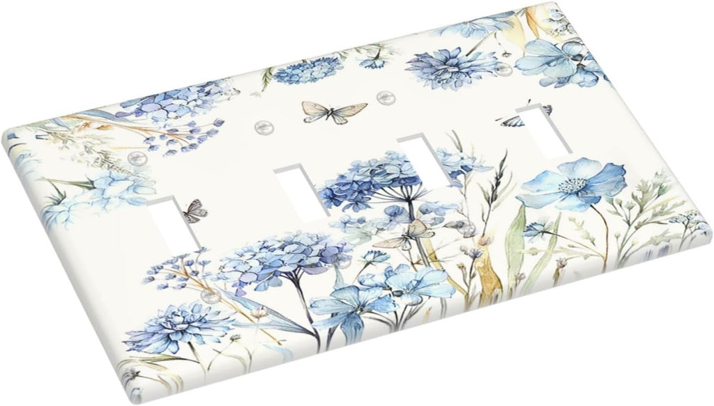 Light Switch Covers Blue Floral Hydrangea Plants Quad Toggle 4 Gang Wall Plate Electrical Faceplate Decorative Switch Plates for Bedroom Home Decor