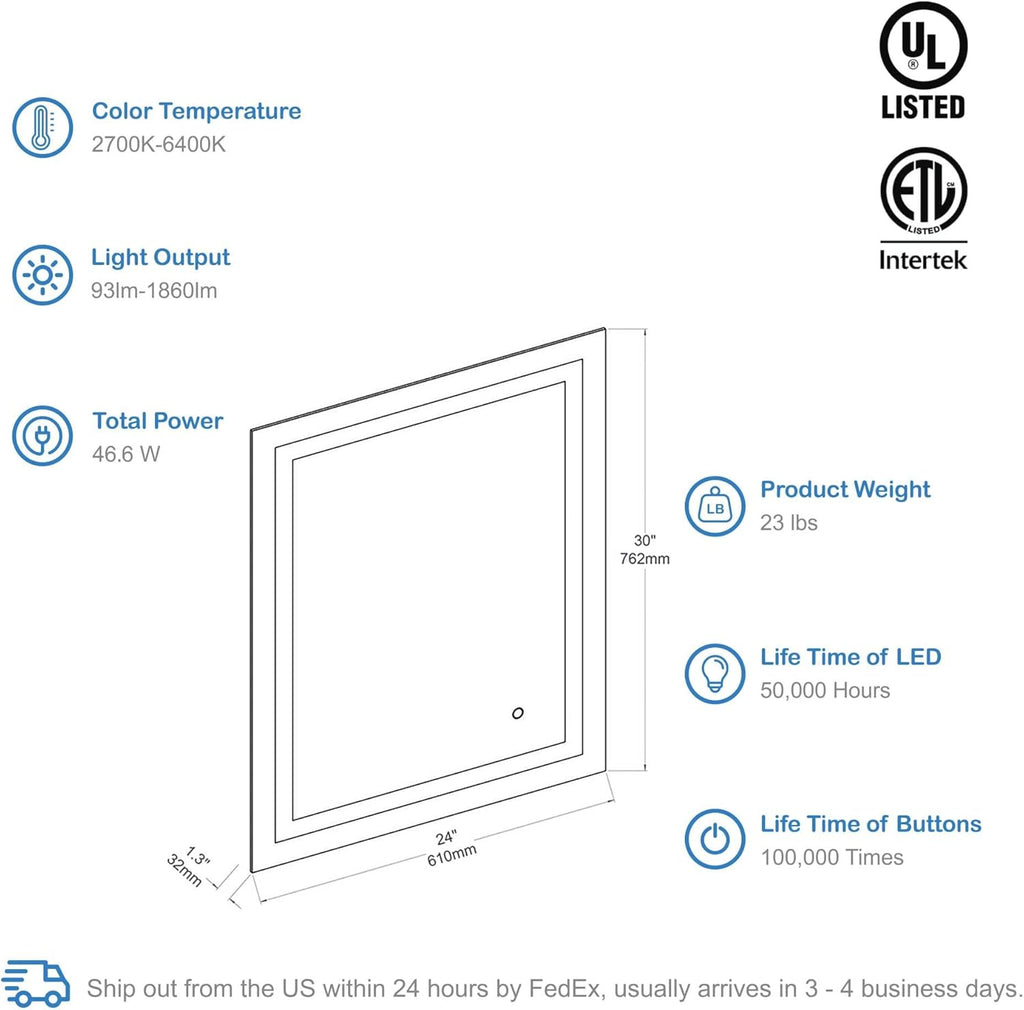 Blossom 24X30 LED Bathroom Mirror with Lights, Anti-Fog, Dimmable, Backlit & Front Lit, Lighted Bathroom Vanity Mirror for Wall, Memory Function, Waterproof, Tempered Glass, Smart Vanity Makeup Mirror