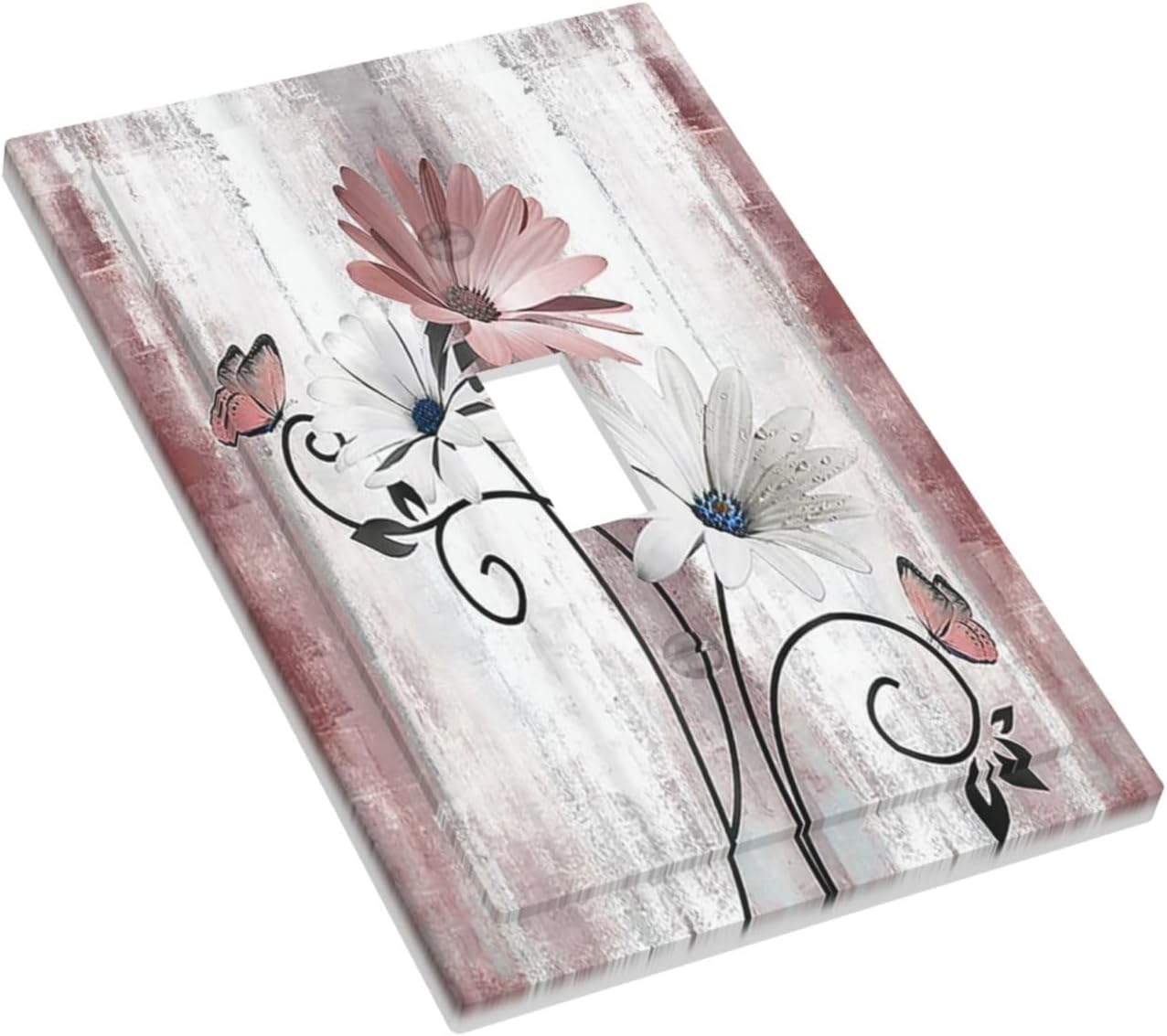 Decorative Light Switch Cover Pink White Daisy Butterfly Wood Grain 1 Gang Single Toggle Device Electrical Faceplate Switchplates Decorator Outlet Wall Plate for Farmhouse Bathroom Decor