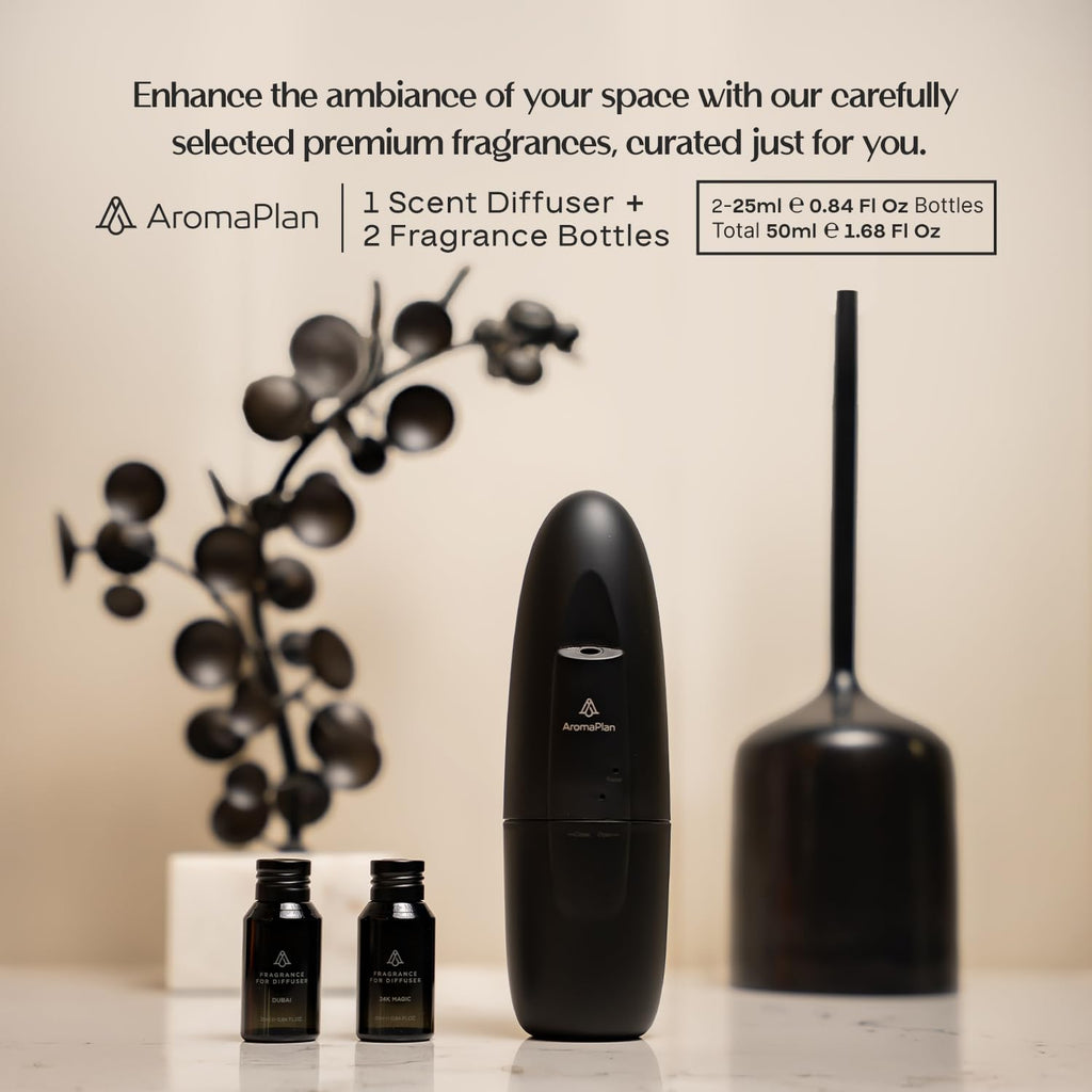 AromaPlan 5 Star Collection Plug in Diffuser (2 Fragrances Included)-Cold Air & Waterless Diffusers for Home & Office- Silent Wall Diffuser Plug in, Bluetooth App Control, 1000 sq. ft (Black)