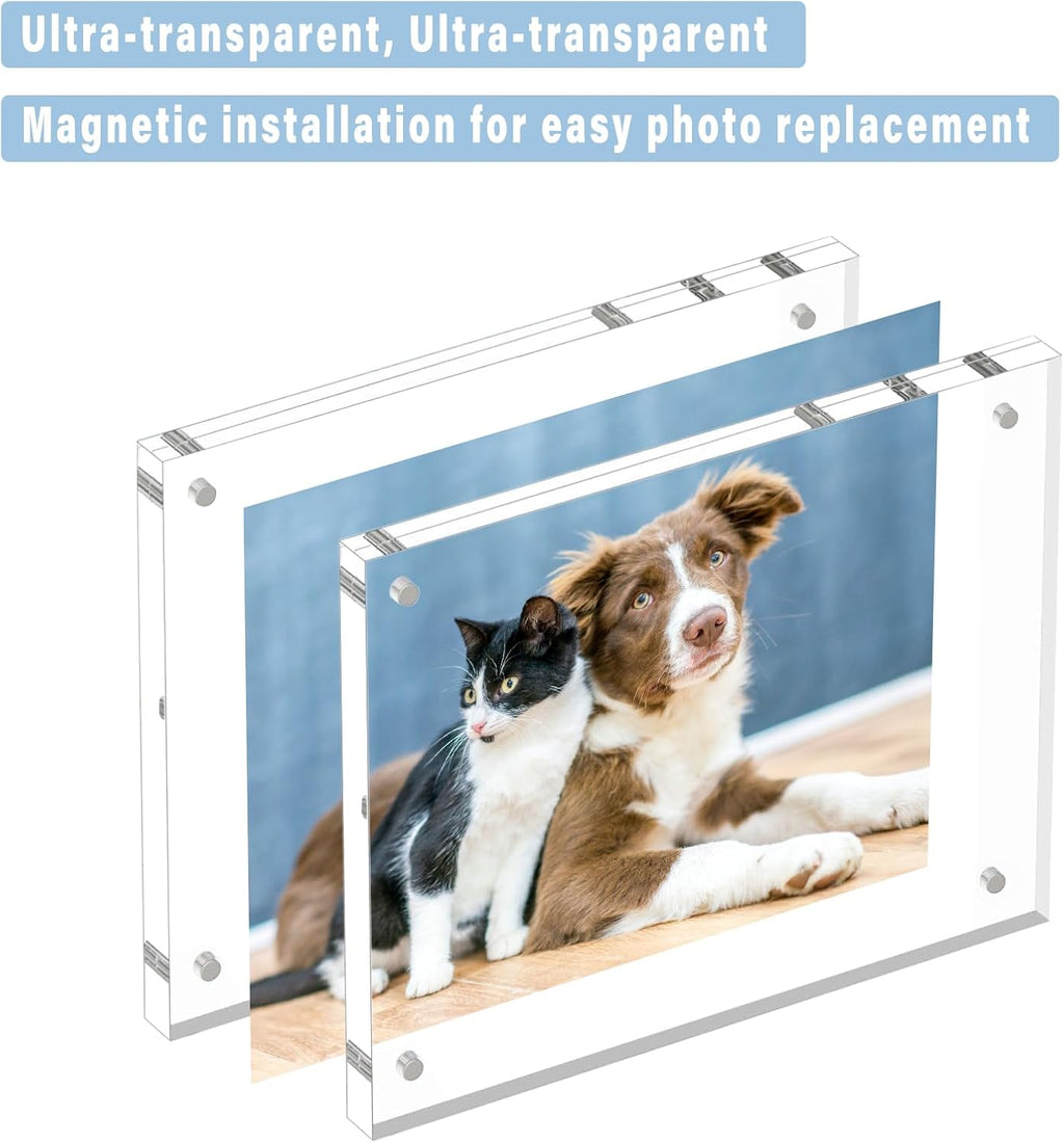 HELPLEX 5 Pack 8x8 Acrylic Picture Frames, 24mm Thicker Square Frameless Clear Frame Double Sided Magnetic Frame, Free Standing Desktop Display Stand Acrylic Frames