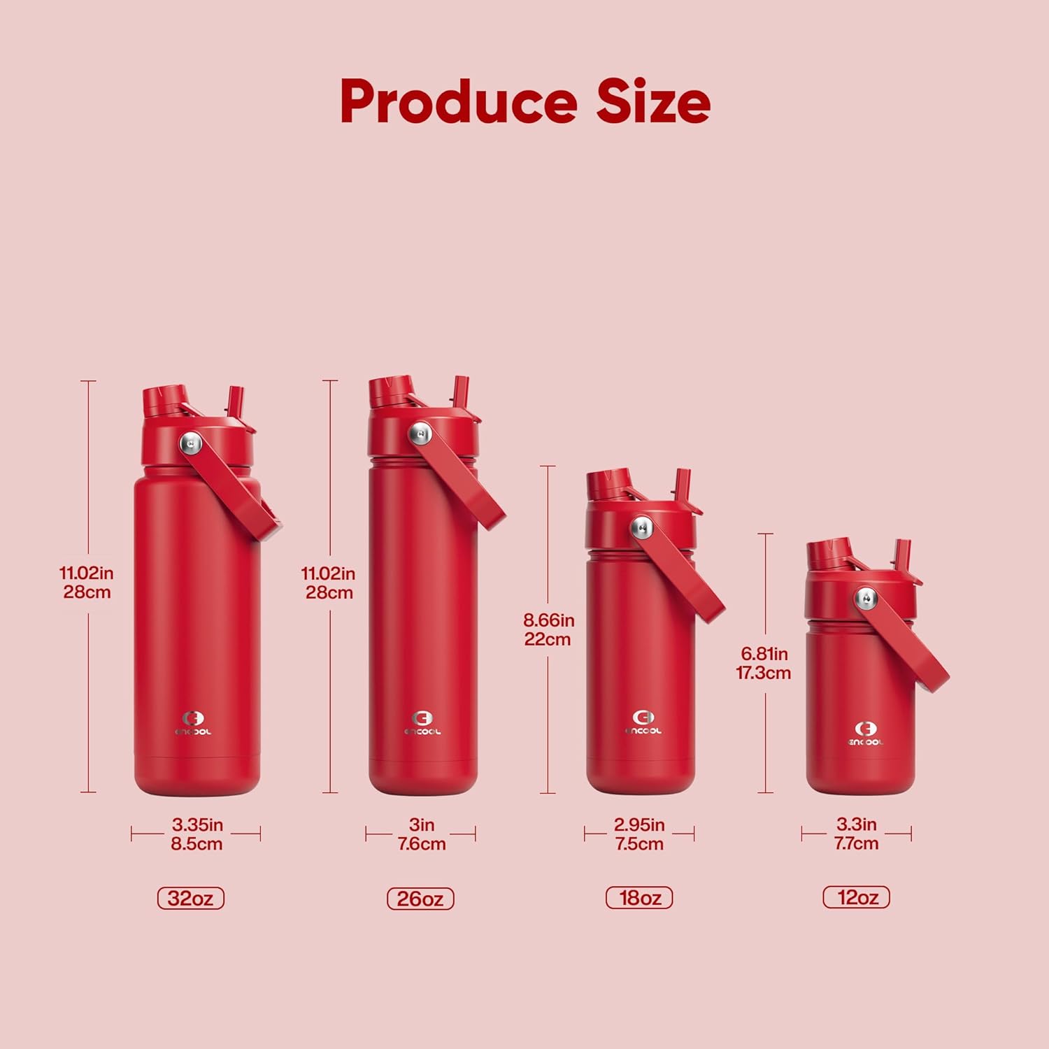 ENCOOL Insulated Water Bottle with Straw Stainless Steel Water Bottle, Leak-Proof, BPA-Free, Double Wall Vacuum Keeps Cold for 24 Hours for Sports, Travel, School (32 oz, Medium Carmine)