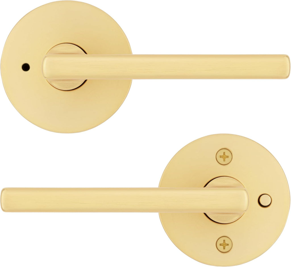 Kwikset Halifax Interior Privacy Door Handle with Lock, Door Lever for Bathroom and Bedroom, Satin Brass Reversible Keyless Push Button Lock Door Lever, with Microban Protection