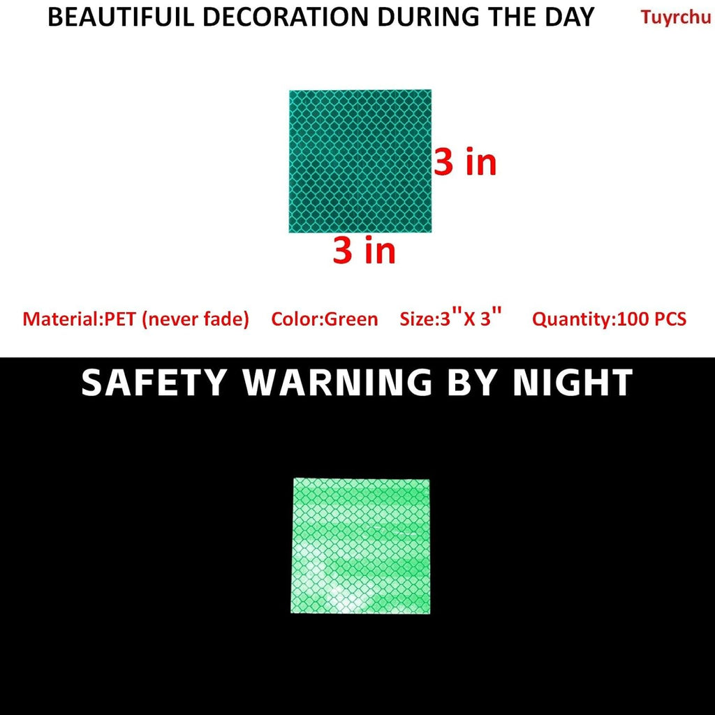 Non Fading Green Reflective Stickers 3 inch X 3 inch, Outdoor Waterproof High Visibility Warning Safety Adhesive Reflector Tape (100 Pcs)