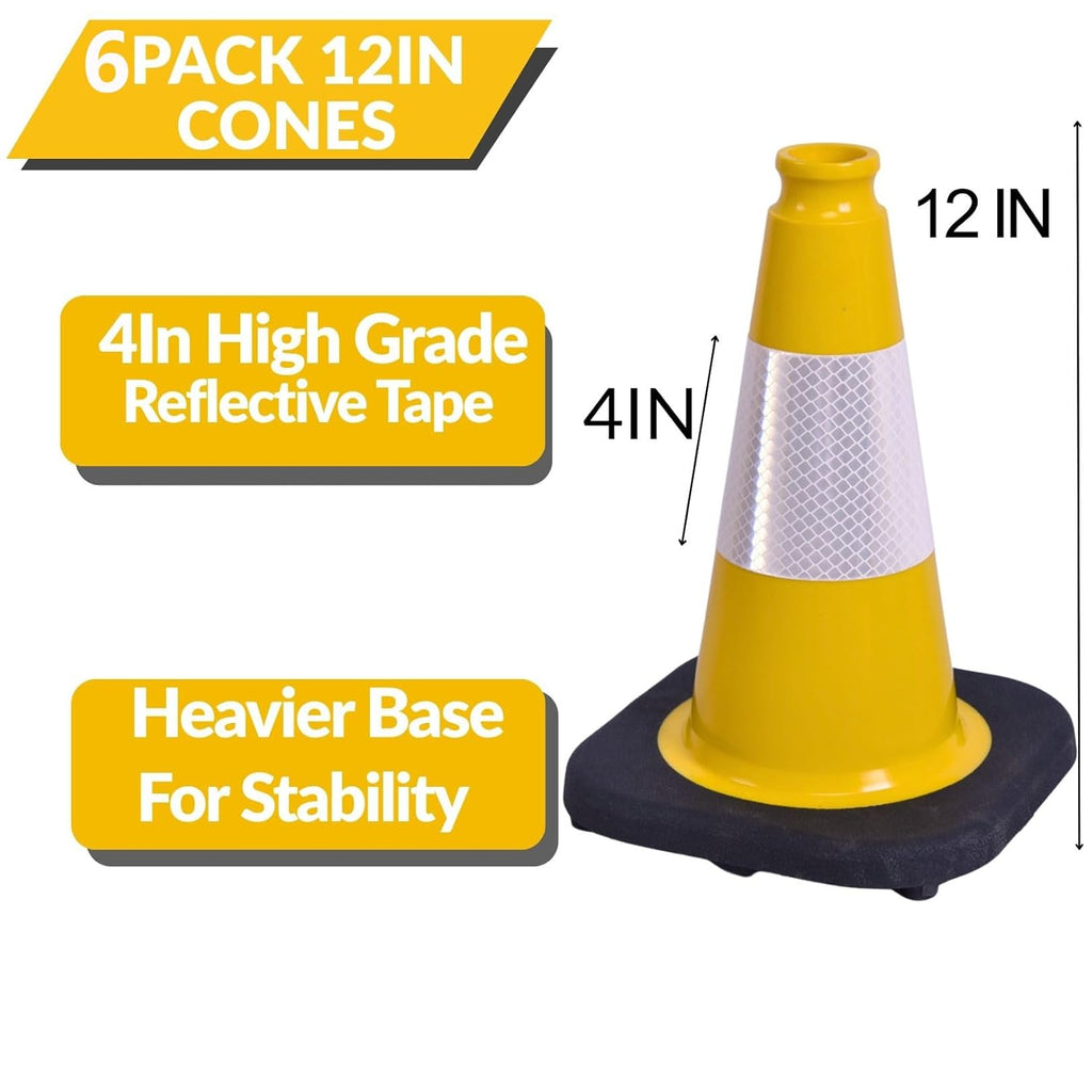 BESEA 6Pack 12 Inch Yellow Traffic Cones with 4 Inch Reflective Collar, Heavy Duty PVC Safety Cones with 8.5 x 8.5 Inch Base for Parking, Driving Practice, Sports Training, and Construction