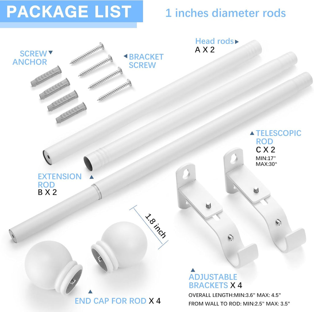 Curtain Rods for Windows 16 to 48 Inches, Curtain Rod Max Adjustable Length of 60 IN, 1" Diameter Drapery Rods Round Finials, White, Pack of 2