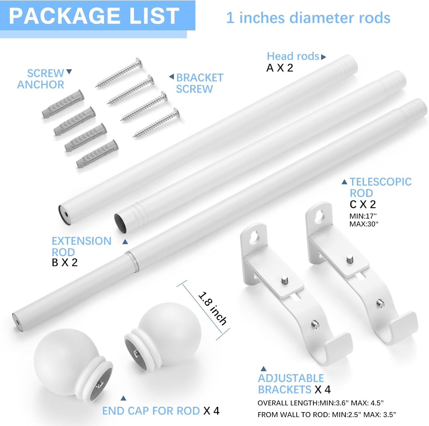 Curtain Rods for Windows 16 to 48 Inches, Curtain Rod Max Adjustable Length of 60 IN, 1" Diameter Drapery Rods Round Finials, White, Pack of 2