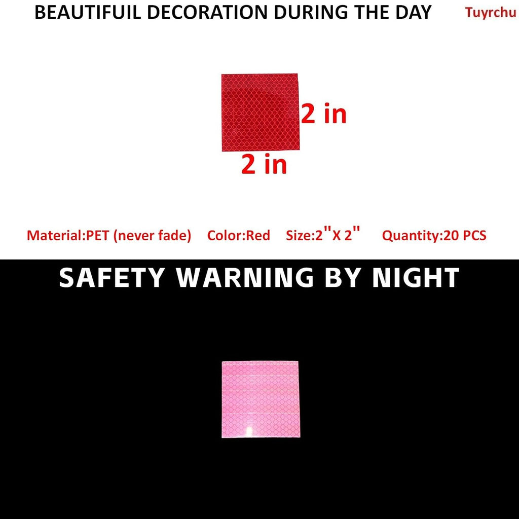 Non Fading Red Reflective Stickers 2 inch X 2 inch, Outdoor Waterproof High Visibility Warning Safety Adhesive Reflector Tape (20 Pcs)