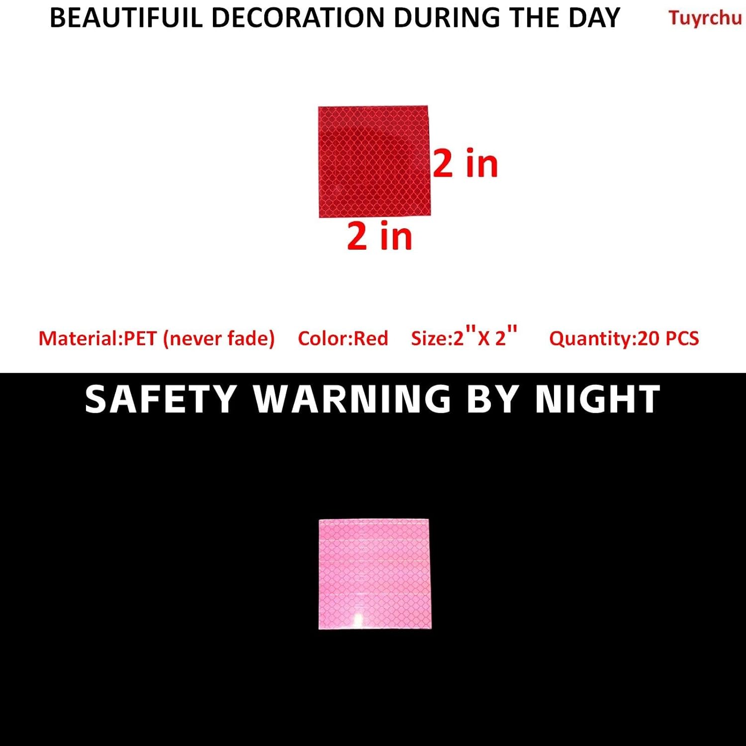 Non Fading Red Reflective Stickers 2 inch X 2 inch, Outdoor Waterproof High Visibility Warning Safety Adhesive Reflector Tape (20 Pcs)