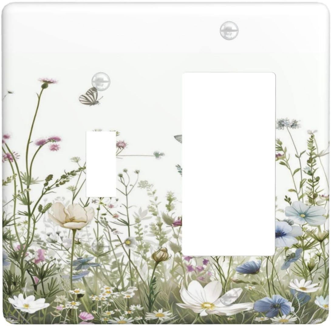 Colorful Wildflowers Daisy Plant Butterfly Floral Outlet Covers 1 Toggle 1 Rocker Combination Decorative Wall Plate Electrical Switch Plates Light Switch Cover Plate for Bed Room Living Room Decor