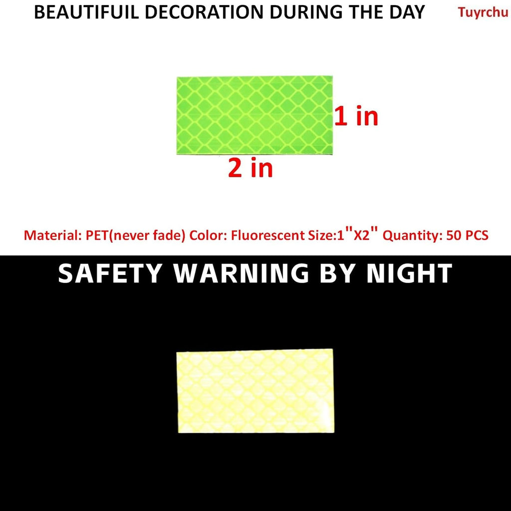 Non Fading Fluorescent Yellow Reflective Stickers 1 inch X 2 inch, Outdoor Waterproof High Visibility Safety Adhesive Reflector (50 Pcs)