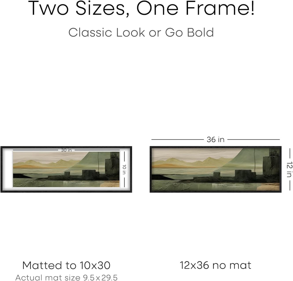 Homeforia 12x36 Black Wood Picture Frame, High End Oak 12x36 Poster Frames with Mat 10x30 Art, 12 x 36 Black Wooden Frames Matted to 10 by 30, 36x12 Panoramic Frame, Tempered Glass, Wall Kit, Set of 1