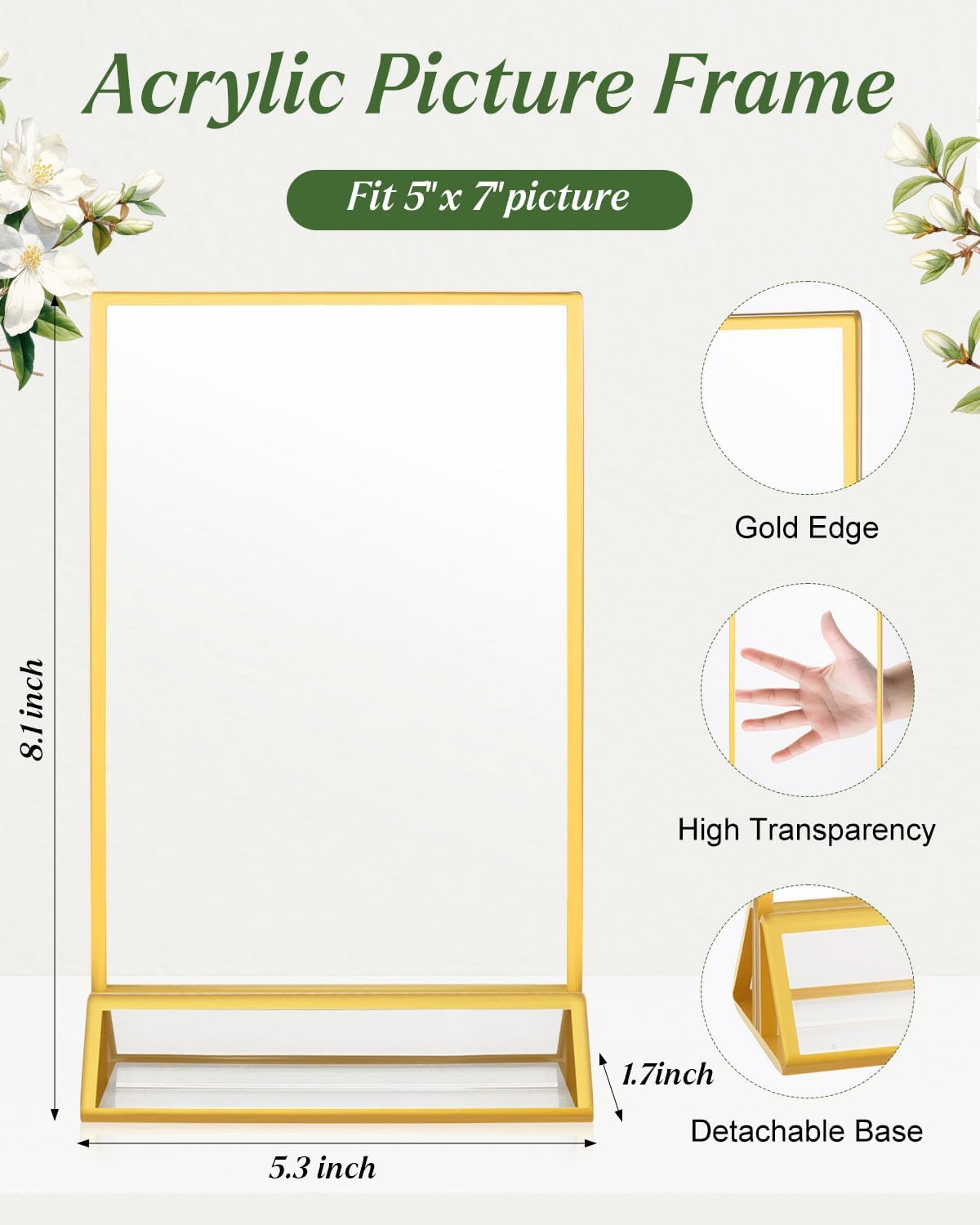8 Pack 5x7 Gold Acrylic Sign Holders, Double Sided Picture Frame Stands Vertical, Clear Wedding Table Numbers Frames for Photo Display, Restaurant Menu, Flyers