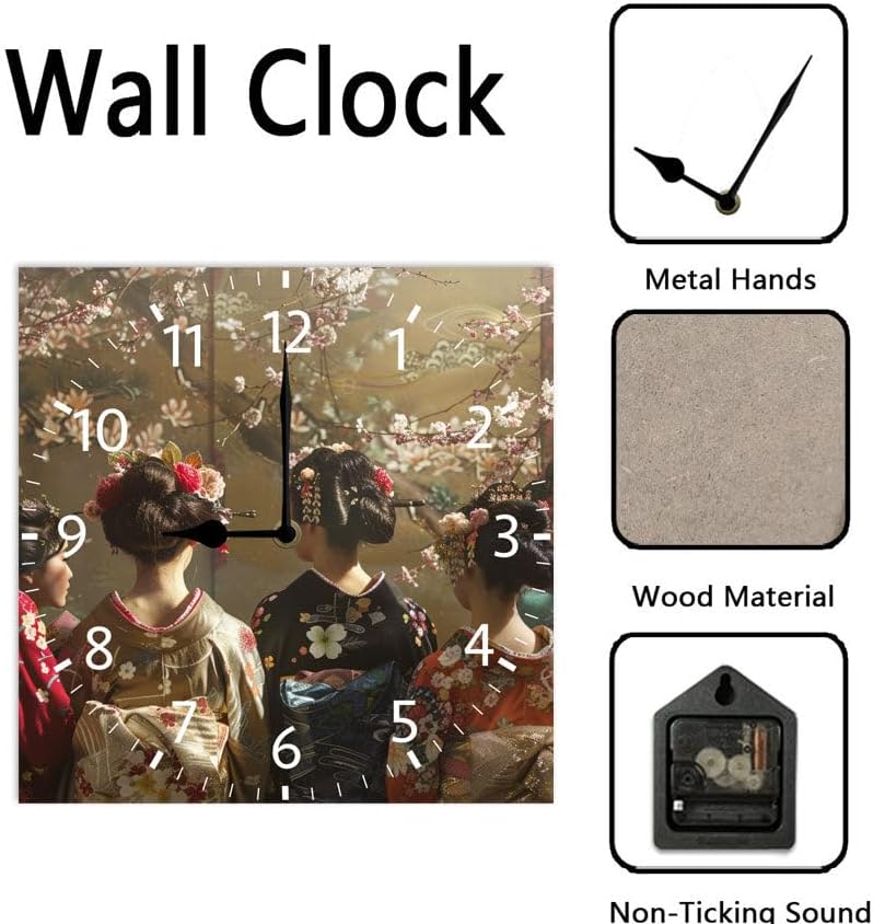 10 in Elegant Kimono Beauties -270 Wood Wall Clock – Digital Time Display, Smart Home Compatible for Bedside or Workspace