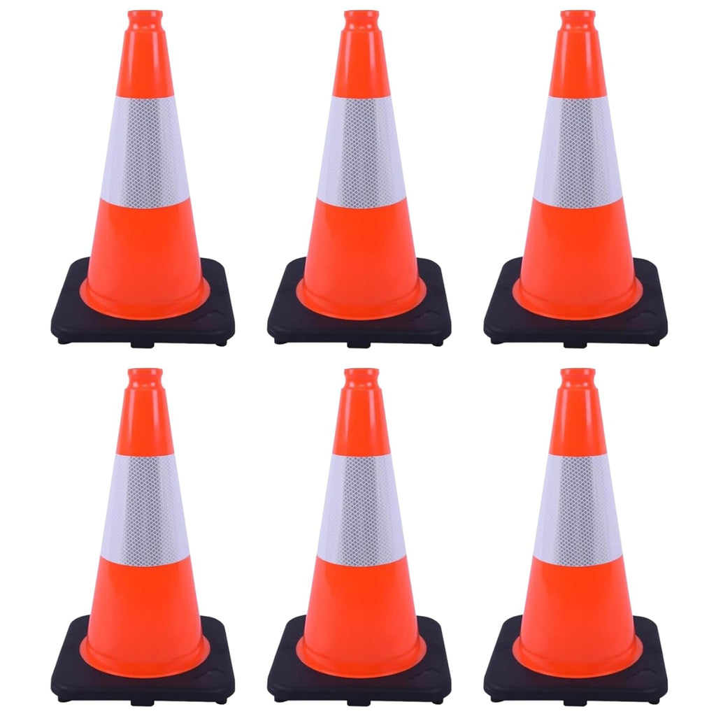 6 Pack 18 Inch Orange Reflective Traffic Cones, Black Base PVC Safety Cones for Construction Sites, Parking Control and Hazard Marking (6, Orange, 18 Inch)