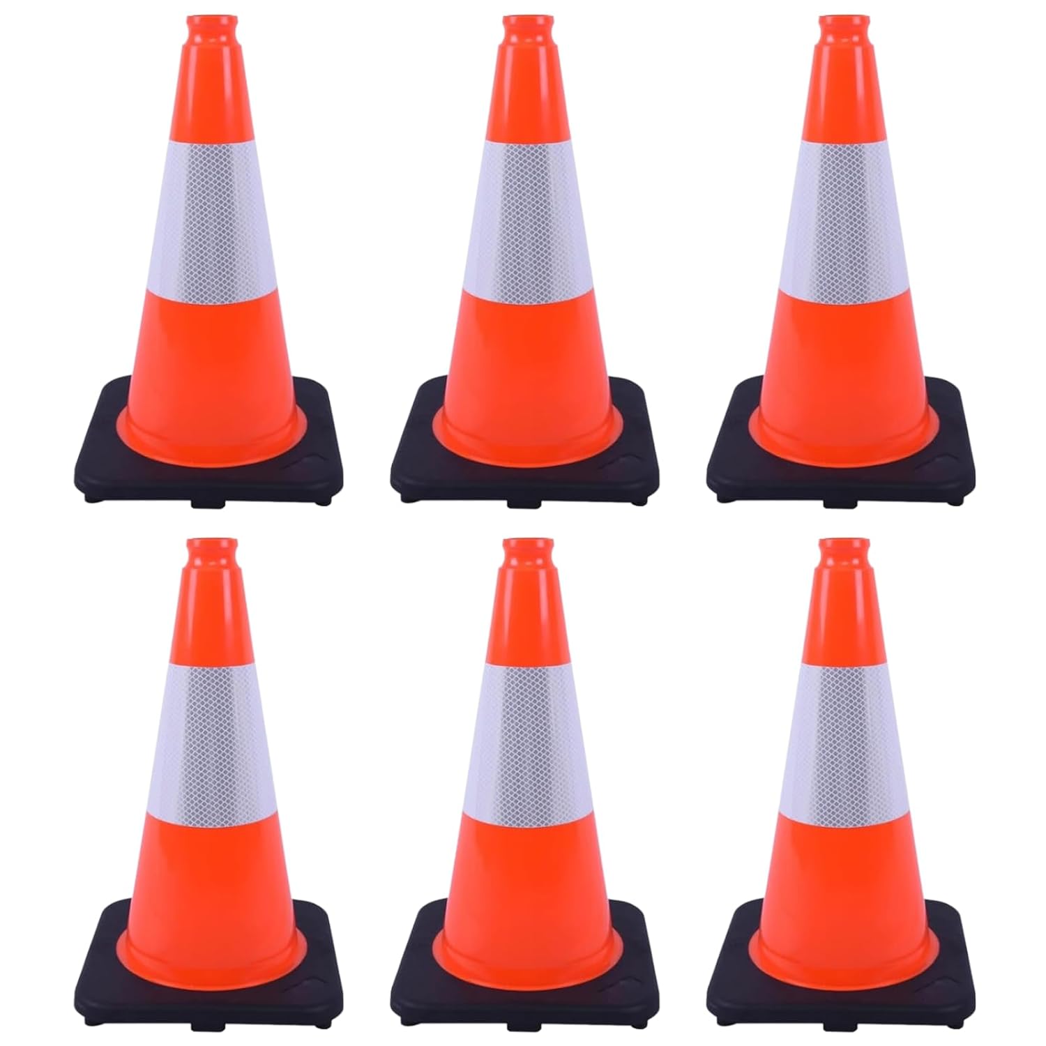 6 Pack 18 Inch Orange Reflective Traffic Cones, Black Base PVC Safety Cones for Construction Sites, Parking Control and Hazard Marking (6, Orange, 18 Inch)