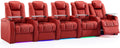 Weilianda Home Theater Seating Top Grain Leather Zero Gravity Recliner Chair Power Headrest Recline Movie Seat Gaming 7 Colors Mood Light Sofa with Tray Table USB Charge Row of 5 Red