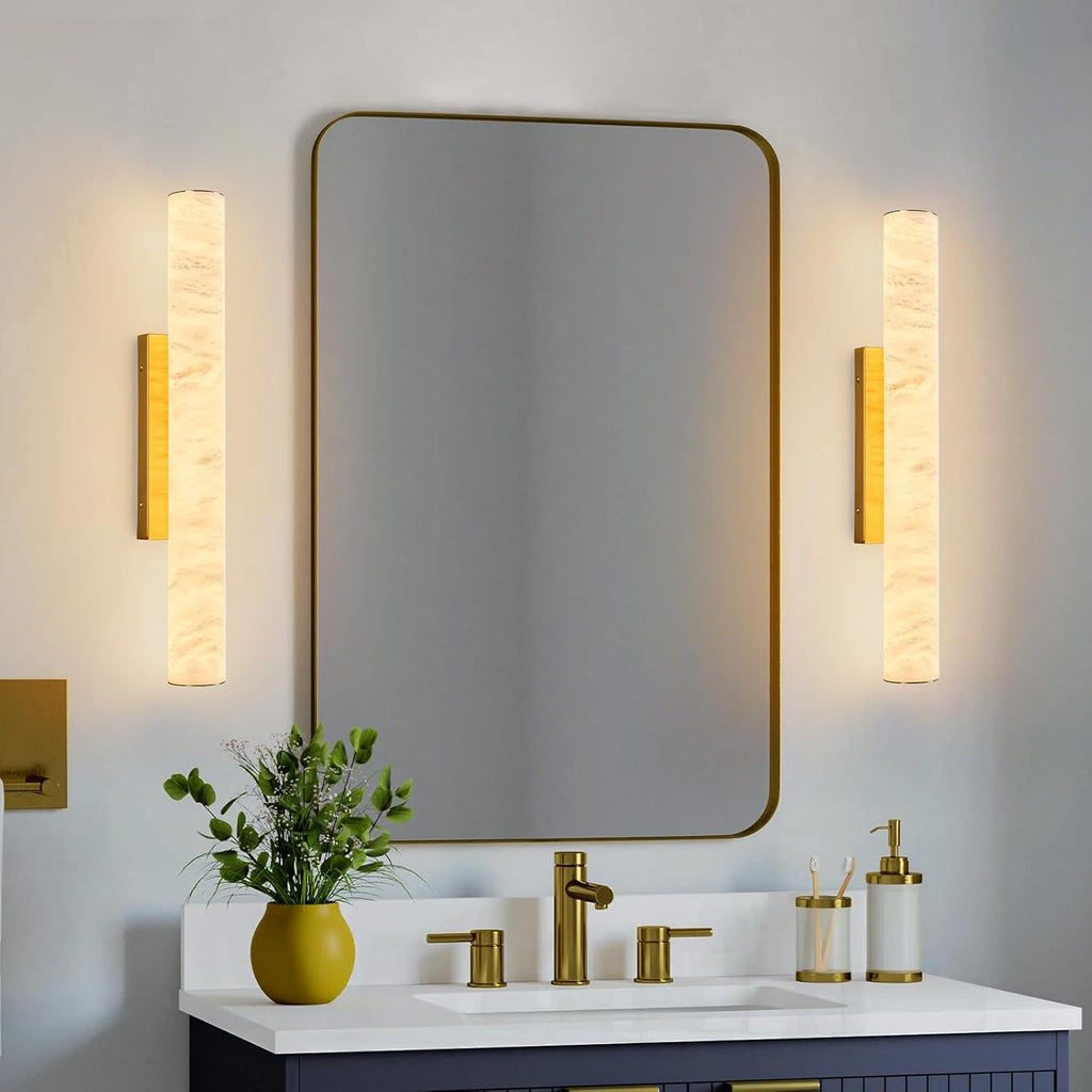 LMQNINE Natural Alabaster Wall Sconces Spanish Marble Wall Light Cylinder Modern Gold LED Sconce for Living Room Bedroom Bathroom Stairs（M-1Pack）
