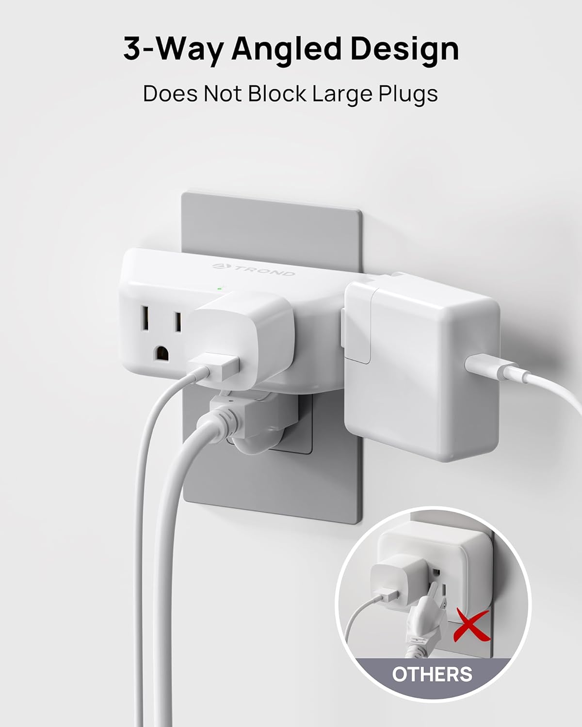 TROND Wall Outlet Extender 3 Pack - Surge Protector Outlet with 4 Grounded Sockets, 3 Way Angled Plug Adapter, 900J, Multiple Wall Splitter for Home Office Dorm Room Essentials, White