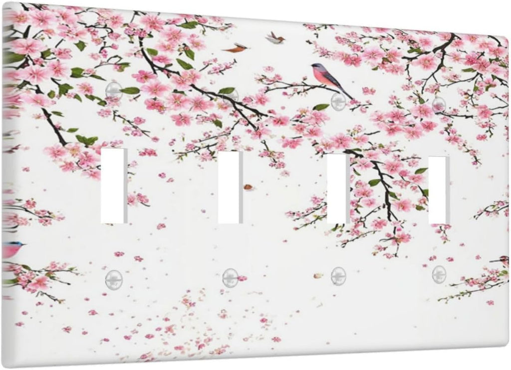 Decorative Light Switch Plate Covers Rustic Plum Blossom Pink Flowers 4 Gang Light Switch Cover Quad Toggle Wall Plate Outlet Covers for Country Home Bedroom Decor