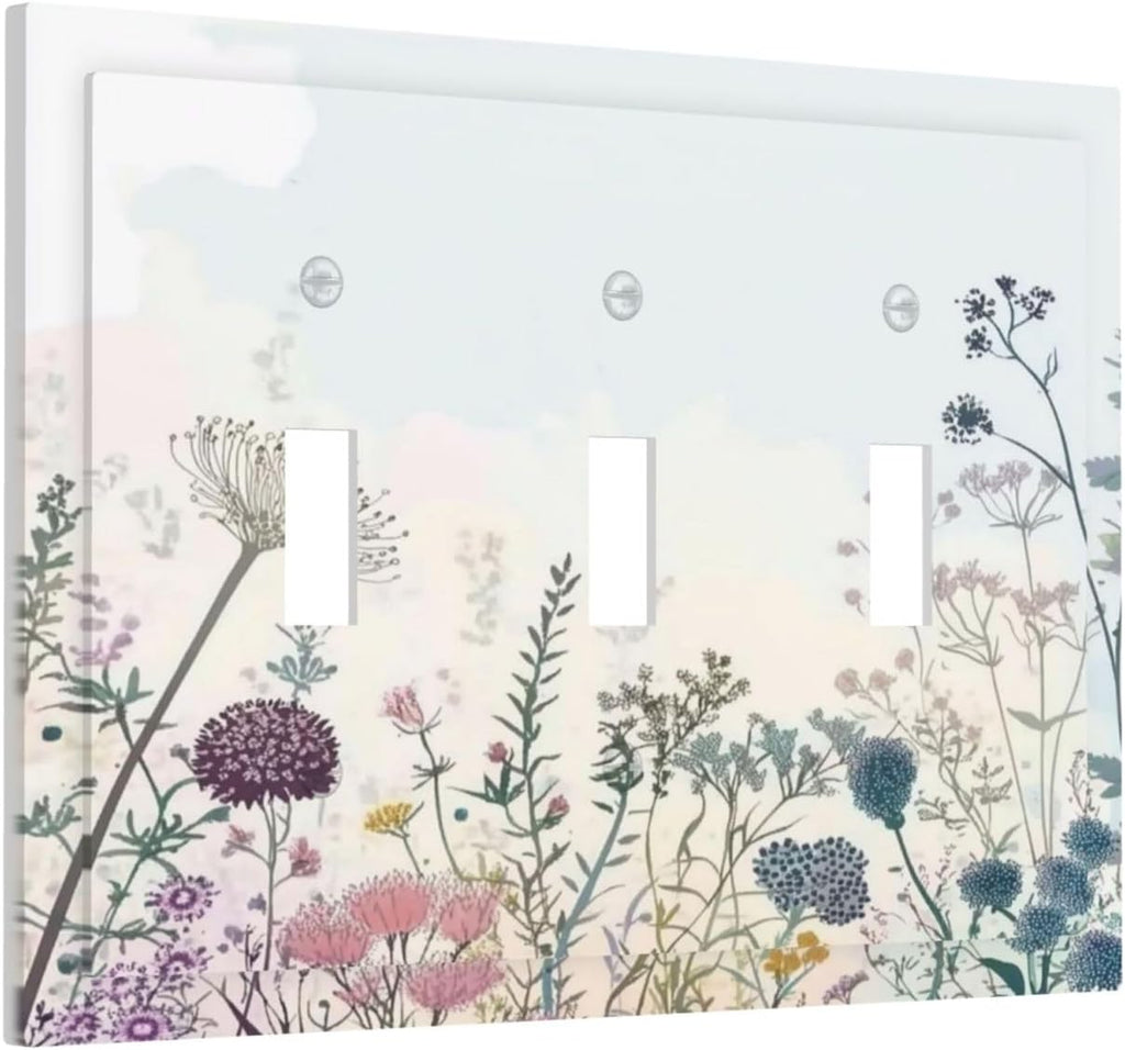 Colorful Wildflower Watercolor Dandelion Floral Decorative Switch Plates 3 Gang Wall Plate Triple Toggle Light Switch Cover Faceplate Electrical Wall Panels For Cabin Home Decor