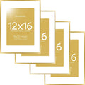 Homeforia 12x16 Picture Frame Gold, High End Metal 12x16 Poster Frames with Mat 9x12 for Photo, 12 x 16 Gold Frame Matted to 9 by 12 Print, 16x12 Thin Hanging Frame, Tempered Glass, Wall Kit, Set of 4