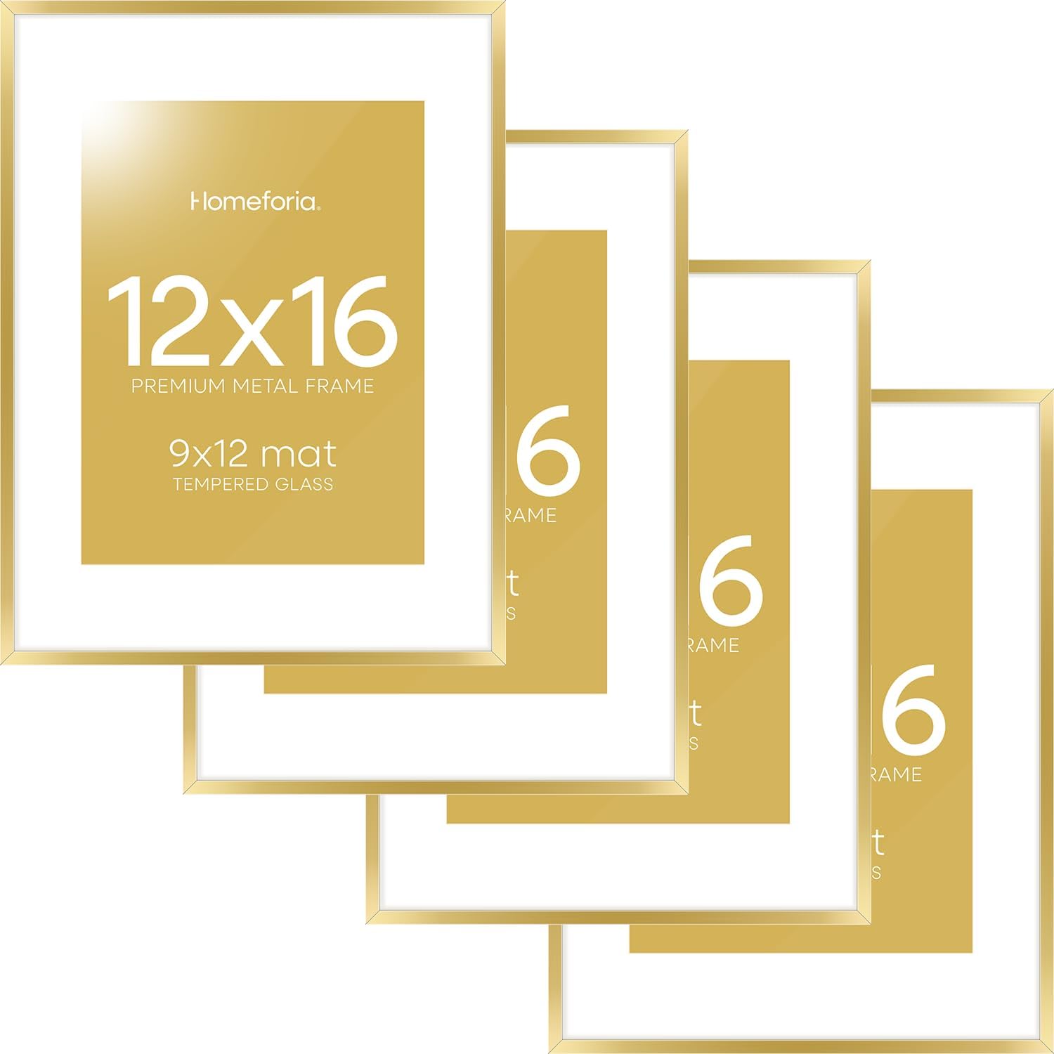 Homeforia 12x16 Picture Frame Gold, High End Metal 12x16 Poster Frames with Mat 9x12 for Photo, 12 x 16 Gold Frame Matted to 9 by 12 Print, 16x12 Thin Hanging Frame, Tempered Glass, Wall Kit, Set of 4