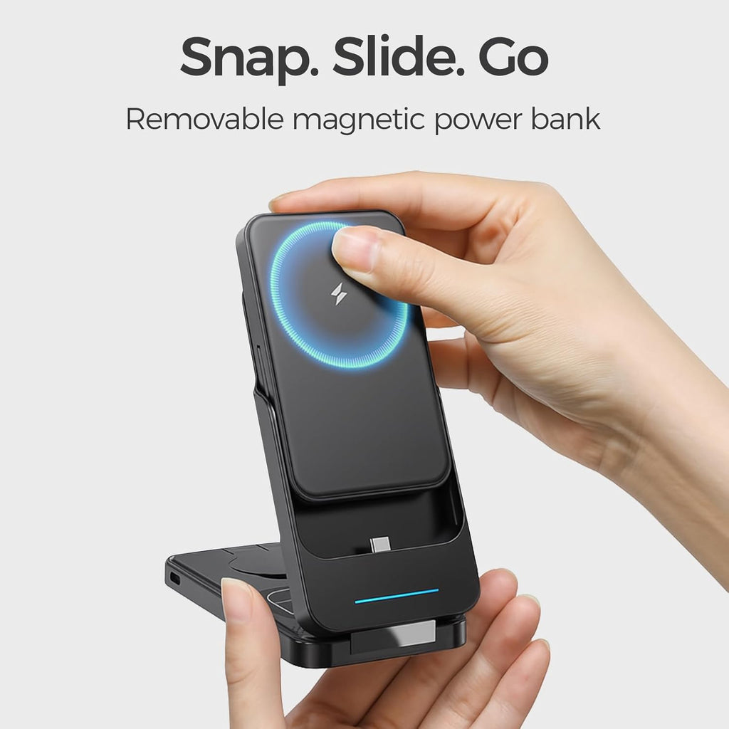 ANJANK 3 in 1 Portable Wireless Charging Station, Removable 5000mAh Mag-Safe Power Bank, Foldable Travel Magnetic Charger Stand for iPhone 17 16 15 14 13 12 Pro Max Plus, Apple Watch Series, AirPods