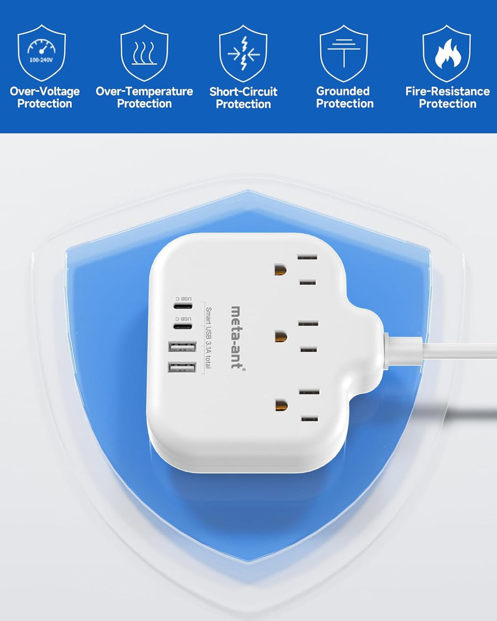 Brazil Power Adapter with 5FT Extension Cord, meta-ant US to Brazil Travel Plug with 3 American Outlets and 4 USB Charger Port(2 USB C), Type N Adaptor for USA to Brazilian Brazil, White