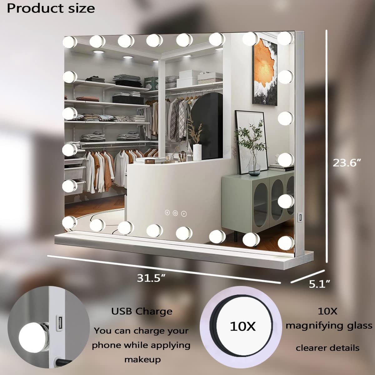 THEKLA 24 x 32 Inch Hollywood Light Vanity Mirror with 24 Bulbs Adjustable 3 Color Lights 32" Vanity Lighted Mirror for Bathroom Bedroom Wall Vanity Makeup Table Mirrors with Lights Base X10 Magnifier
