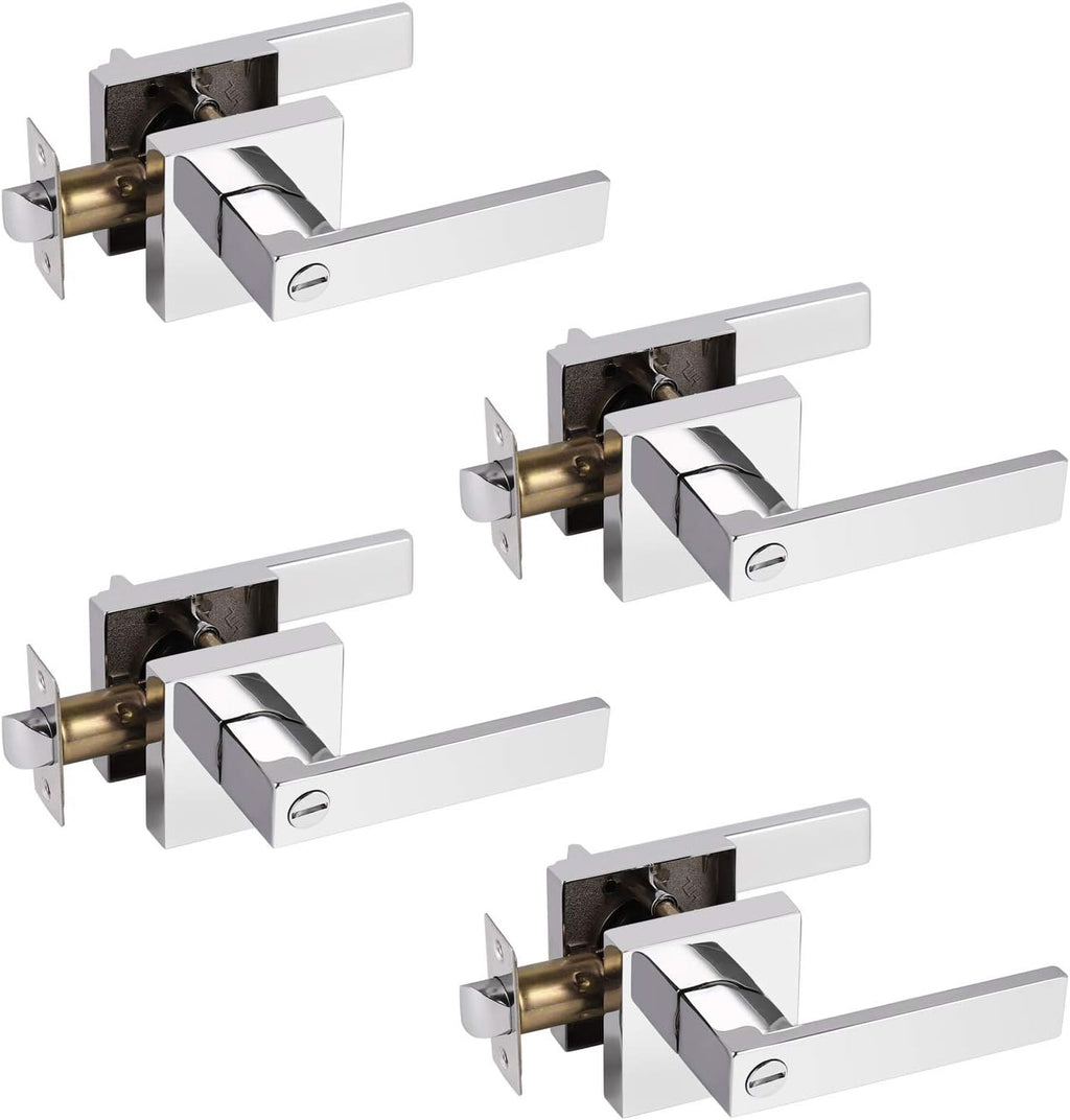 Probrico 4 Pack Square Door Levers with Lock Keyless Privacy Door Handles Locksets Interior Bed/Bath Heavy Duty Hardware in Polished Chrome Finish,Universal Handing