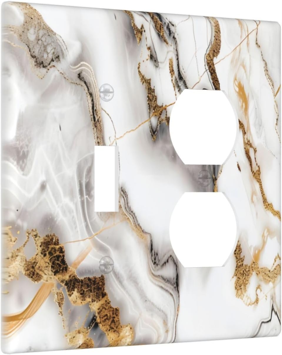 Luxurious Marble Abstract White Gold Tile Modern Simplicity Wallplates 1 Toggle 1 Duplex Switch Plate Electrical GFCI Faceplate Decorative Light Switch Covers for Bathroom Kitchen Decor