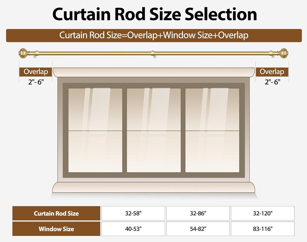 TONIAL Gold Curtain Rod 32 to 86 Inches, 7/8 Adjustable Curtain Rods for Windows 20 to 82 Inches, Splicing Drapery Rods Heavy duty with Netted Texture Finials
