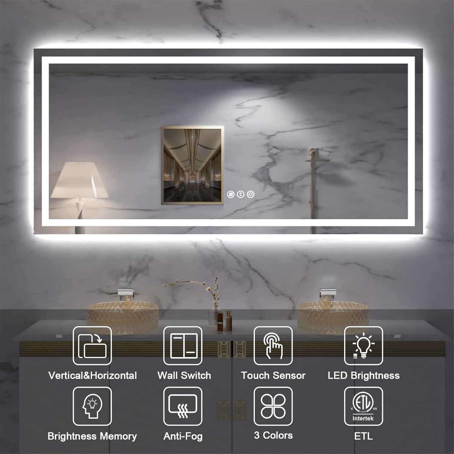 Amorho LED Bathroom Mirror, 60" X28" Front-lit + Backlight Mirror for Wall, Dimmable Vanity Mirrors, Anti-Fog, Memory, 3 Colors Lighting, Shatterproof, ETL Listed