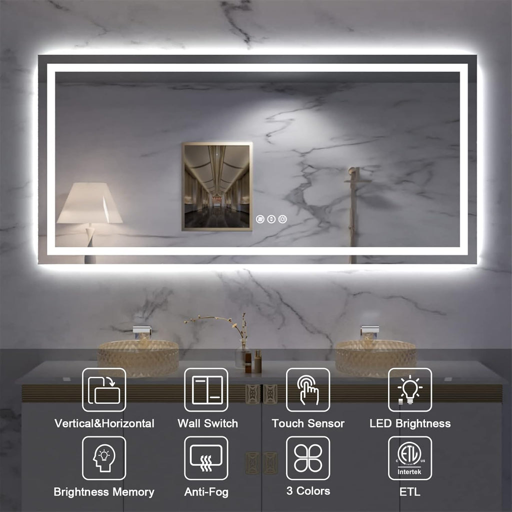 Amorho LED Bathroom Mirror, 84" X32" with Front and Backlight, Large Dimmable Wall Mirrors with Anti-Fog, Shatter-Proof, Memory, 3 Colors, Double LED Vanity Mirror