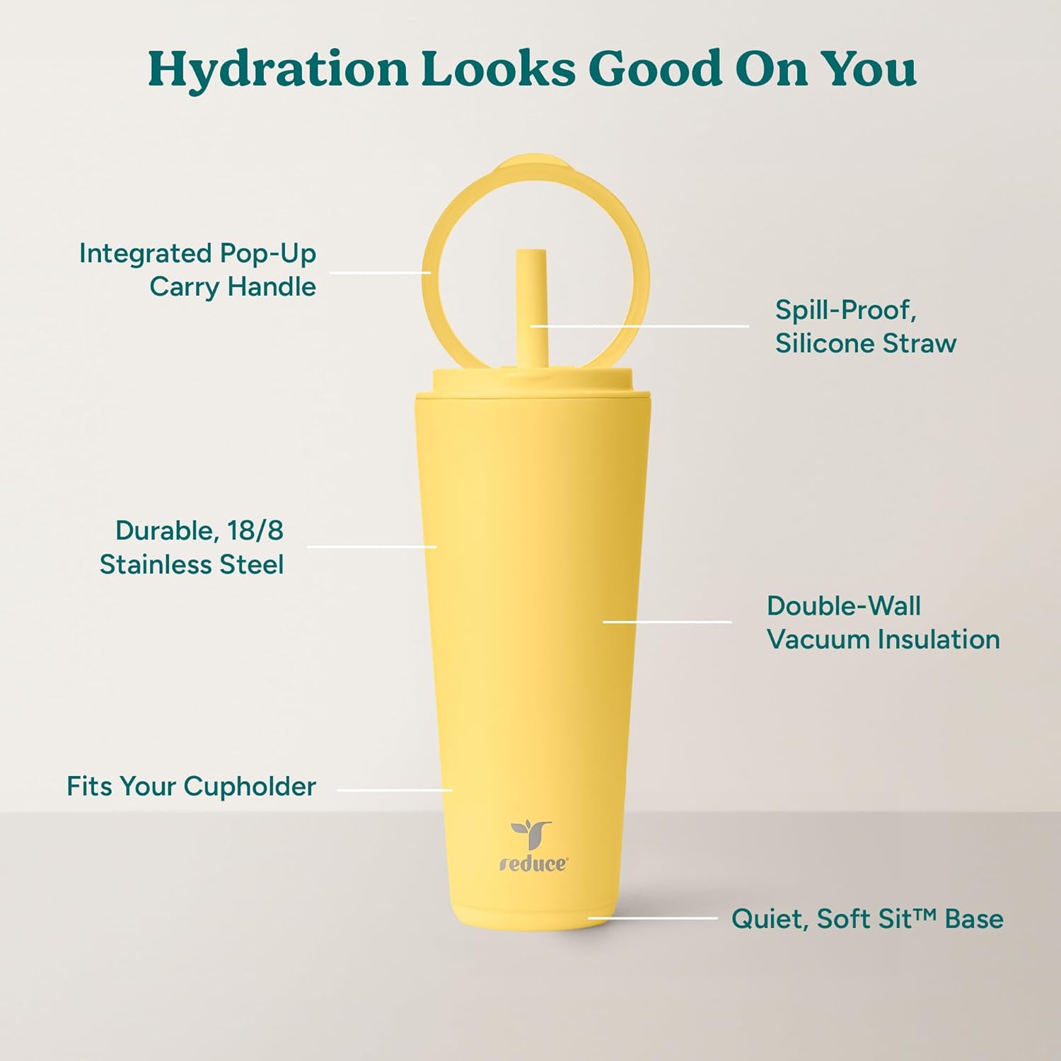 REDUCE Halo 32 oz Stainless Steel Vacuum Insulated Tumbler - Spill Proof Travel Mug with Flip Handle Lid - Keeps Drinks Cold for 32 Hrs - Dishwasher Safe - Cupholder Friendly - Pineapple